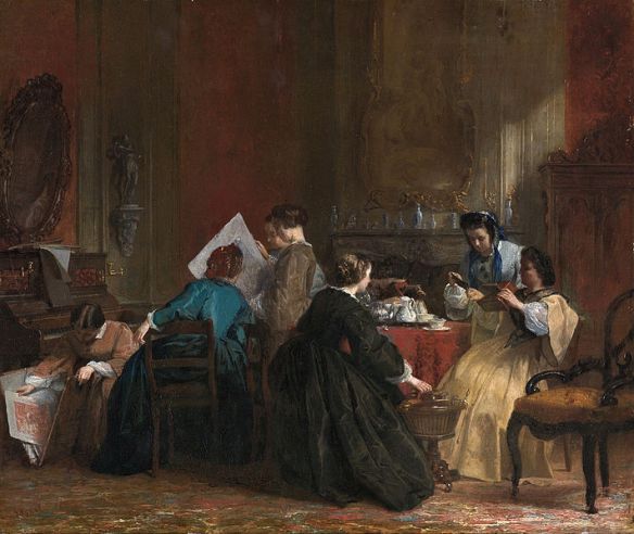 19th century painting of women looking at a stereoscope